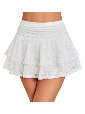 NWT Lace Ruffle Mini Skirt High Waisted A-Line Flowy Pleated Party Skirt